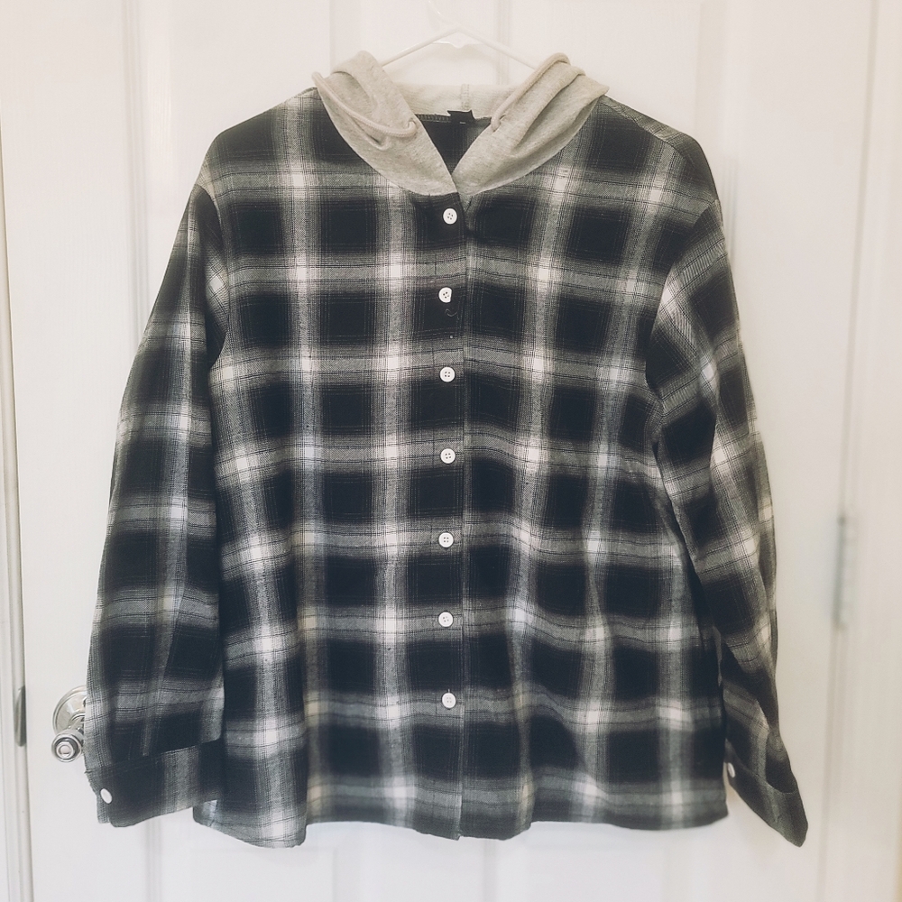 Plaid, hooded, button up shirt